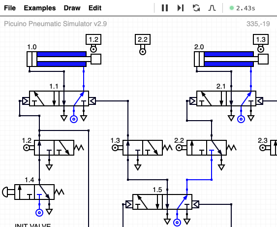 Picuino pneumatics simulator showing a circuit diagram with compressors and connected components