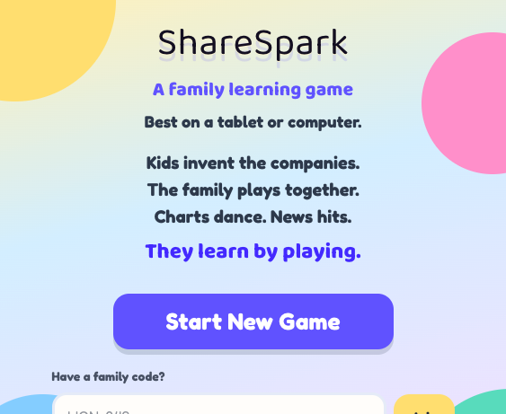 ShareSpark landing page inviting families to start or join a market game